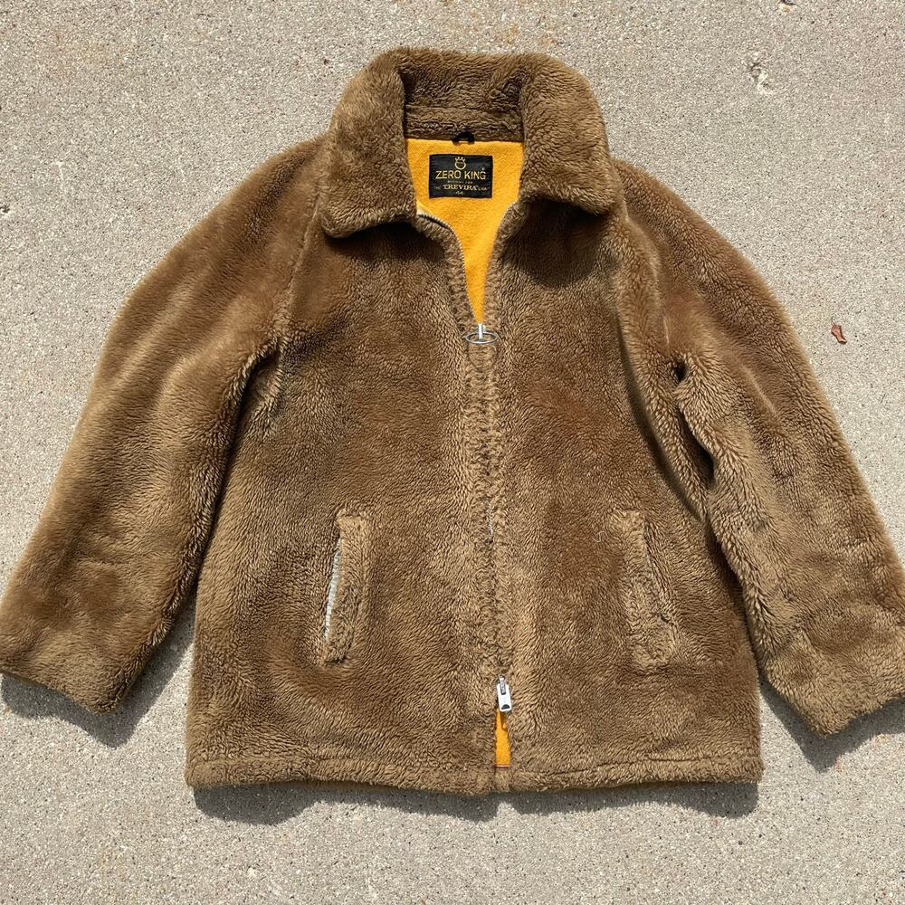 Vintage 70s Zero King Teddy Faux Fur Jacket Tan Talon Zip Trevira Mens M L
